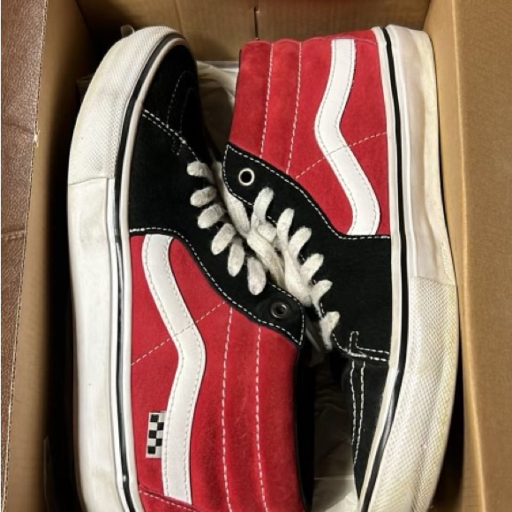 Vans Red and Black High-Top Sneakers with Jazz Stripe